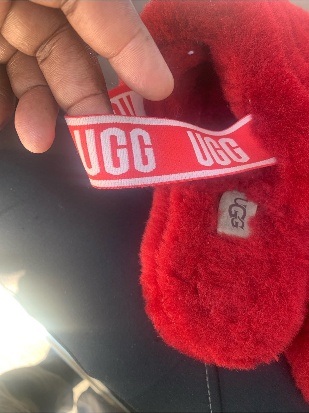 UGG Red Shearling Slide with Branded Ribbon